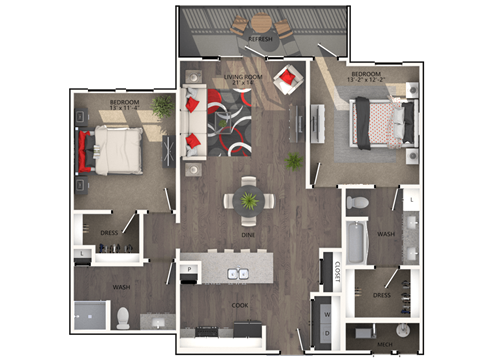 Floor plan for 2 beds, 2 baths, 1247 sqft